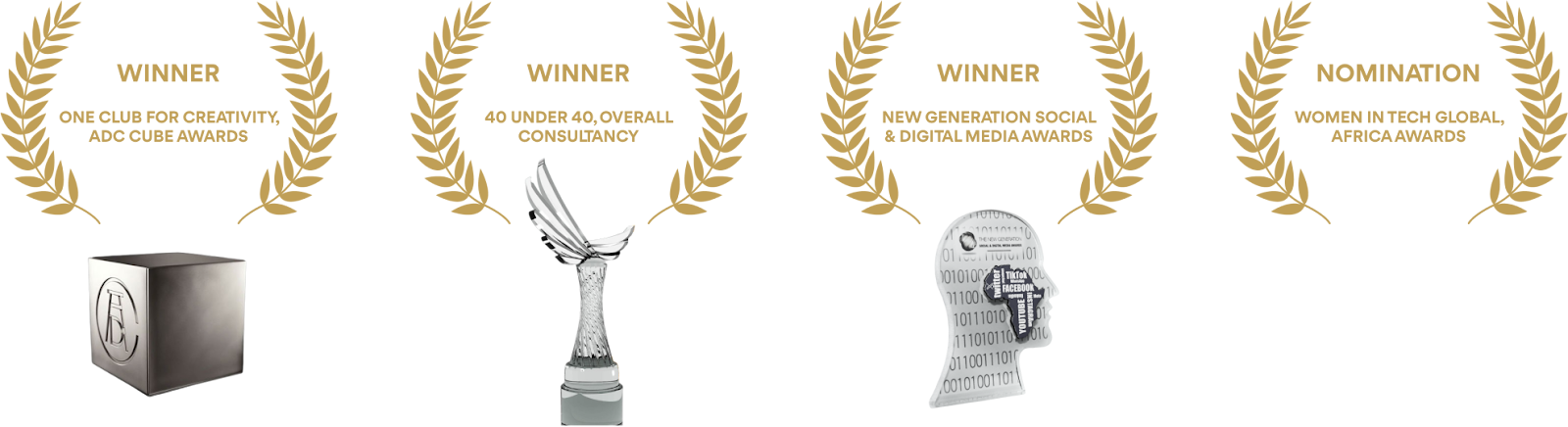Ferna Tech awards: One Club for Creativity ADC Cube Awards, 40 Under 40 Overall Consultancy, New Generation Social & Digital Media Awards, Women in Tech Global Africa Awards